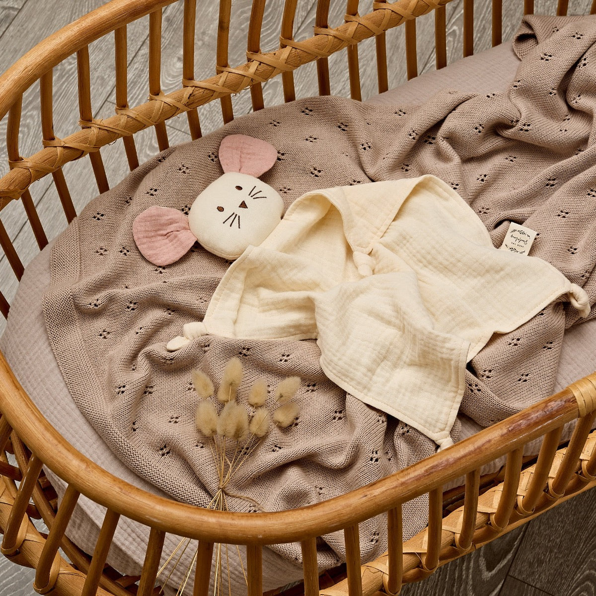 Over The Dandelions-Organic Muslin Mouse Lovey Milk with Blush ears
